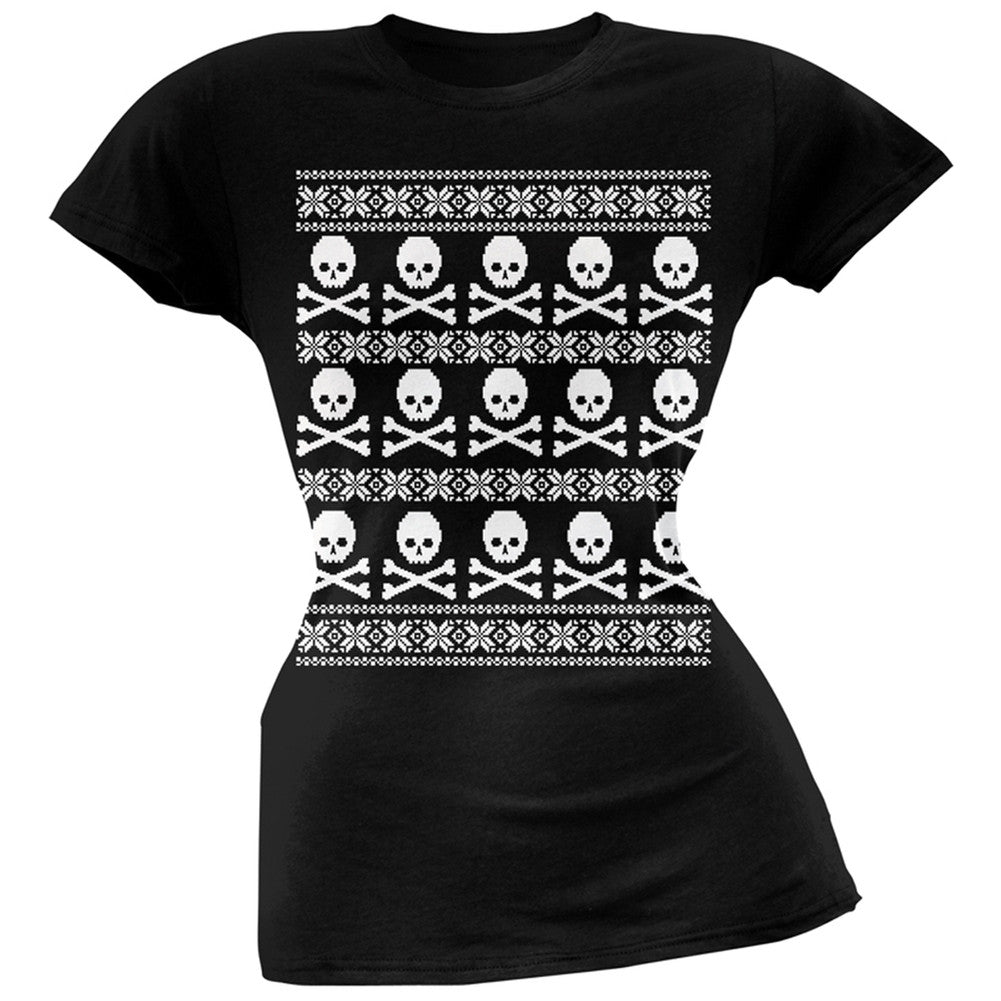 Big Skull And Crossbones Pattern Ugly Christmas Sweater Black Juniors T-Shirt Juniors T-Shirts Old Glory 2XL Black 