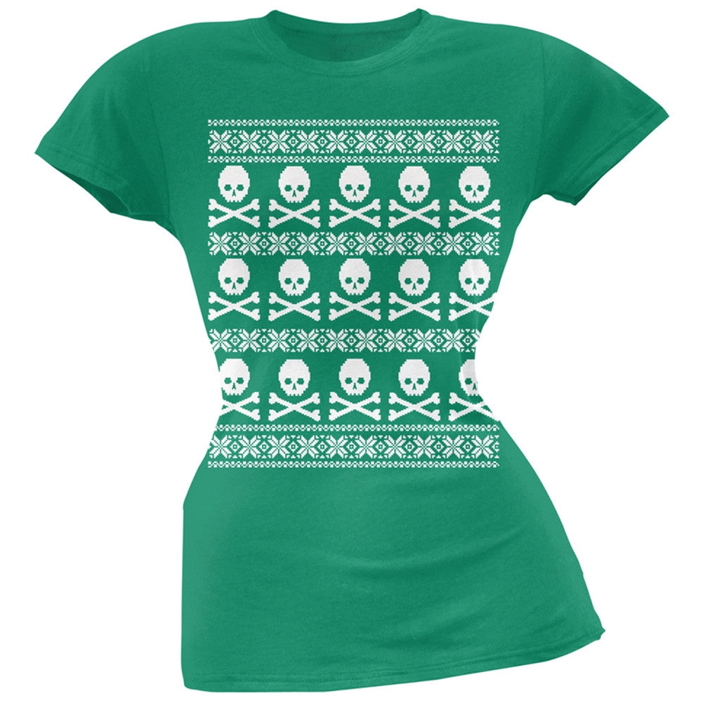 Big Skull And Crossbones Pattern Ugly Christmas Sweater Black Juniors T-Shirt Juniors T-Shirts Old Glory 2XL Green 