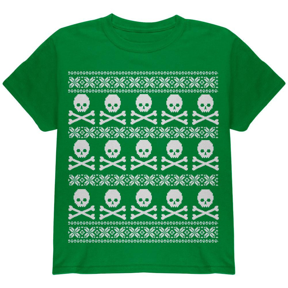 Big Skull And Crossbones Pattern Ugly Christmas Sweater Black Youth T-Shirt Youth T-Shirts Old Glory LG Green 