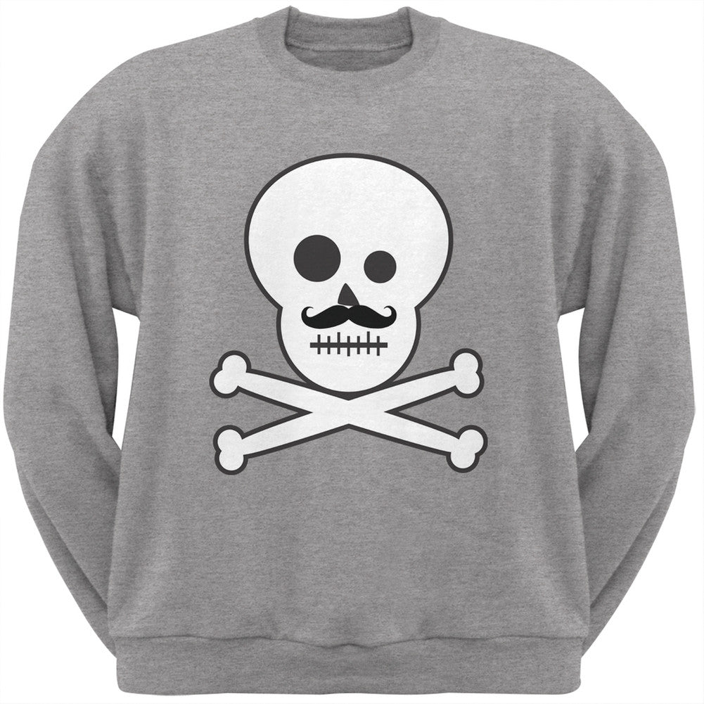 Skull and Crossbones Mustache Grey Adult Crew Neck Sweatshirt Men's Sweatshirts Old Glory   