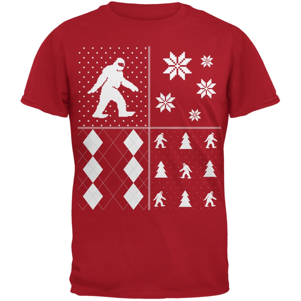 Sasquatch Festive Blocks Ugly Christmas Sweater Red Adult T-Shirt Men's T-Shirts Old Glory 2XL Red 