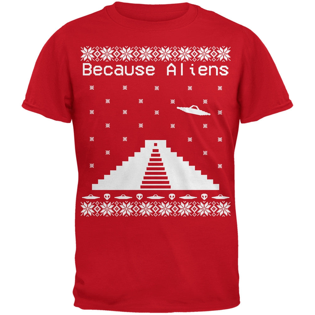 Because Aliens Pyramid Ugly Christmas Sweater Red Adult T-Shirt Men's T-Shirts Old Glory 2XL Red 