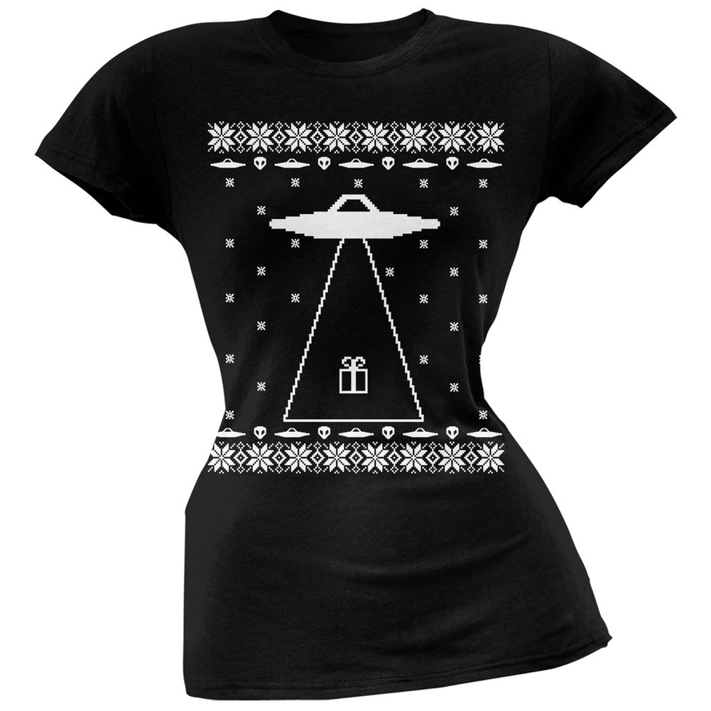 Alien Abduction Ugly Christmas Sweater Juniors T-Shirt Juniors T-Shirts Old Glory 2XL Black 