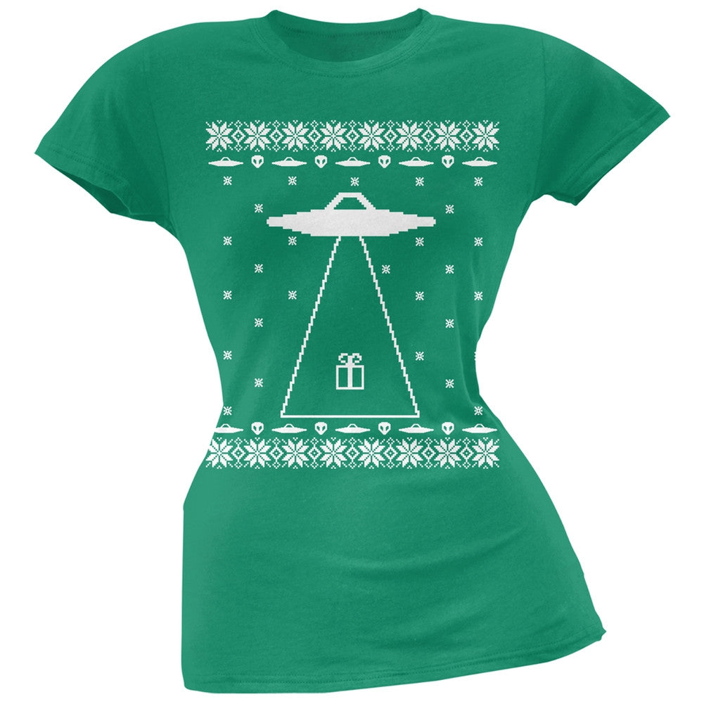 Alien Abduction Ugly Christmas Sweater Juniors T-Shirt Juniors T-Shirts Old Glory 2XL Green 