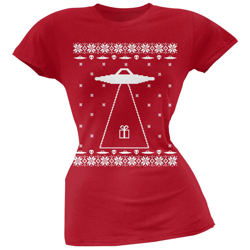 Alien Abduction Ugly Christmas Sweater Juniors T-Shirt Juniors T-Shirts Old Glory 2XL Red 