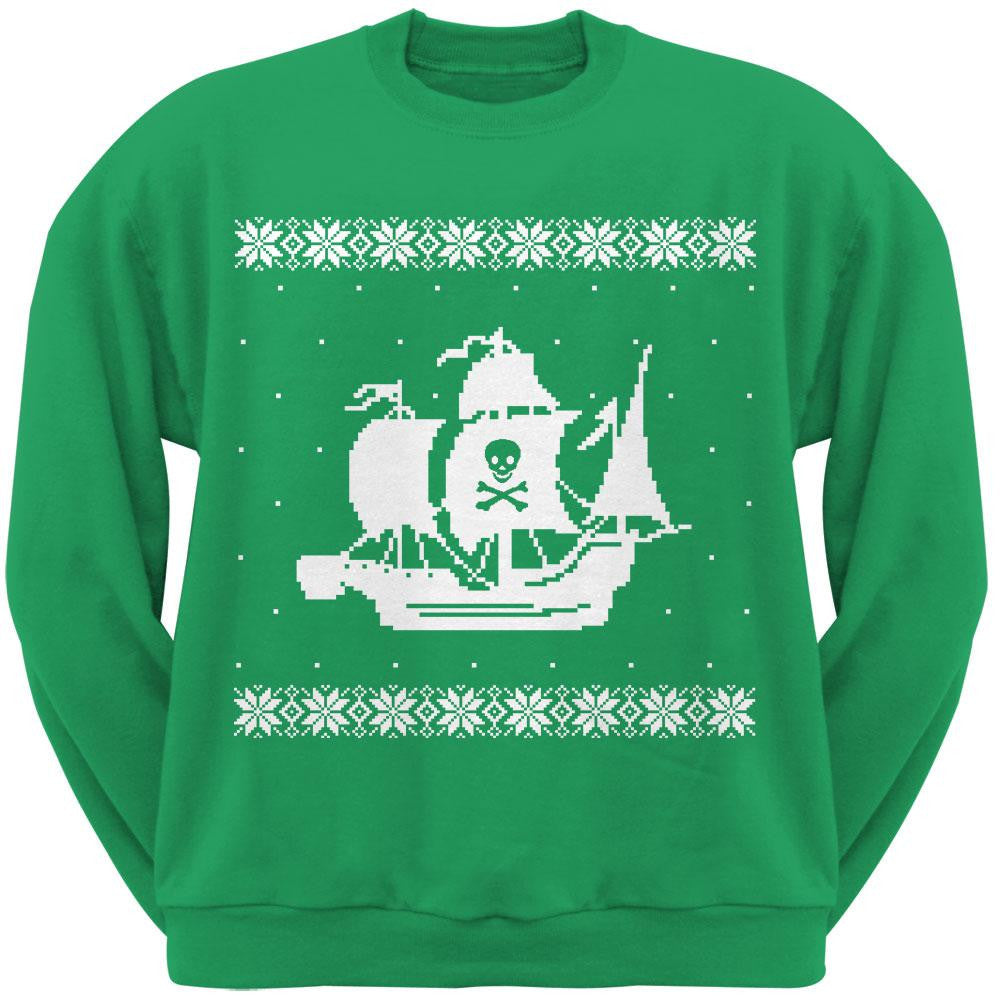 Big Pirate Ship Ugly Christmas Sweater Black Sweatshirt Men's Sweatshirts Old Glory SM Green 