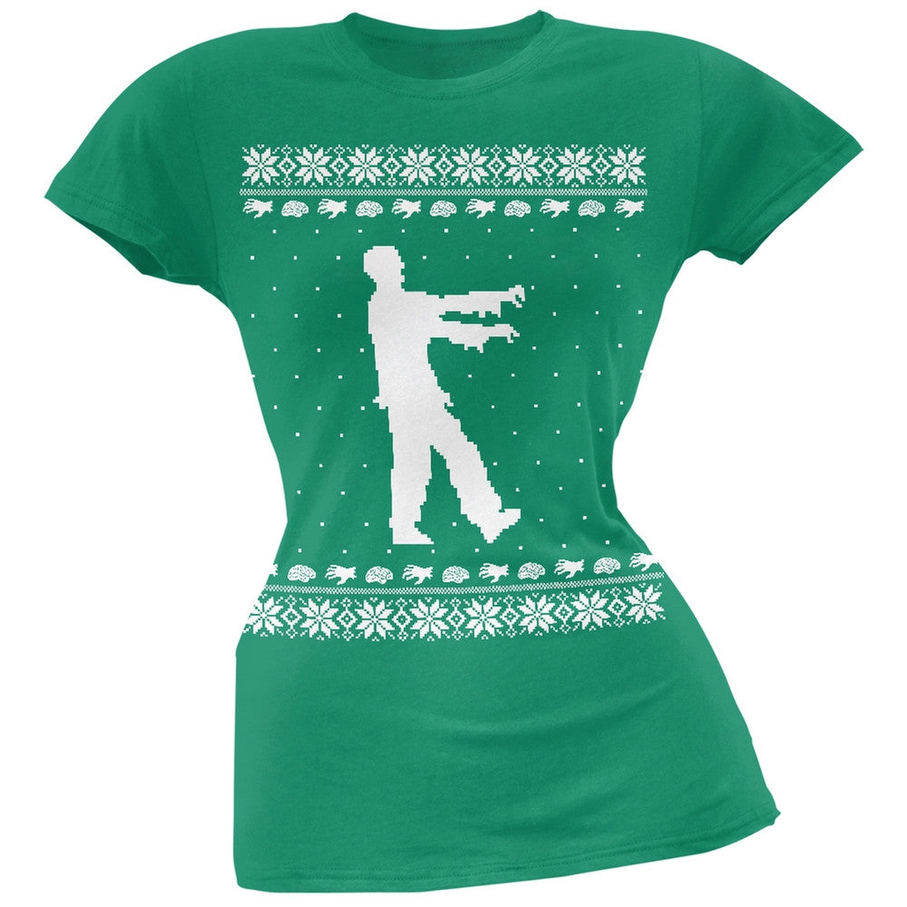 Big Zombie Ugly Christmas Sweater Black Soft Juniors T-Shirt Juniors T-Shirts Old Glory SM Green 