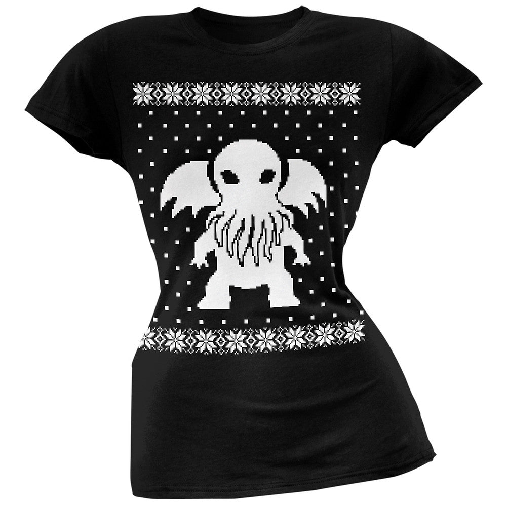 Big Cthulhu Ugly Lovecraft Christmas Sweater Dark Heather Juniors Soft T-Shirt Juniors T-Shirts Old Glory   