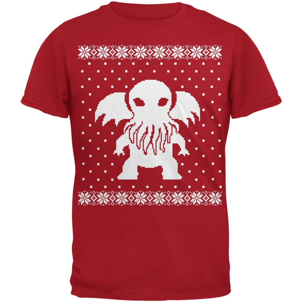 Big Cthulhu Lovecraft Ugly Christmas Sweater Red Adult T-Shirt Men's T-Shirts Old Glory 2XL Red 