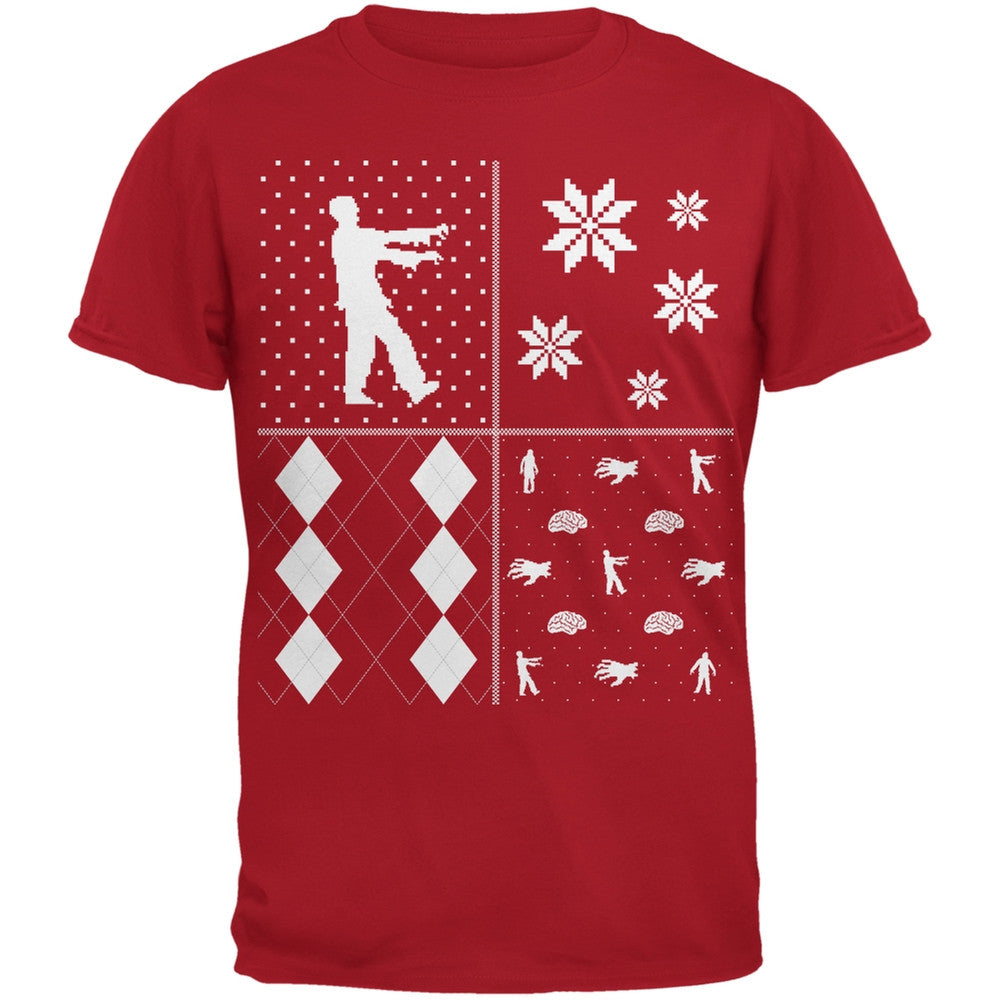 Zombies Festive Blocks Ugly Christmas Sweater Red Adult T-Shirt Men's T-Shirts Old Glory 2XL Red 