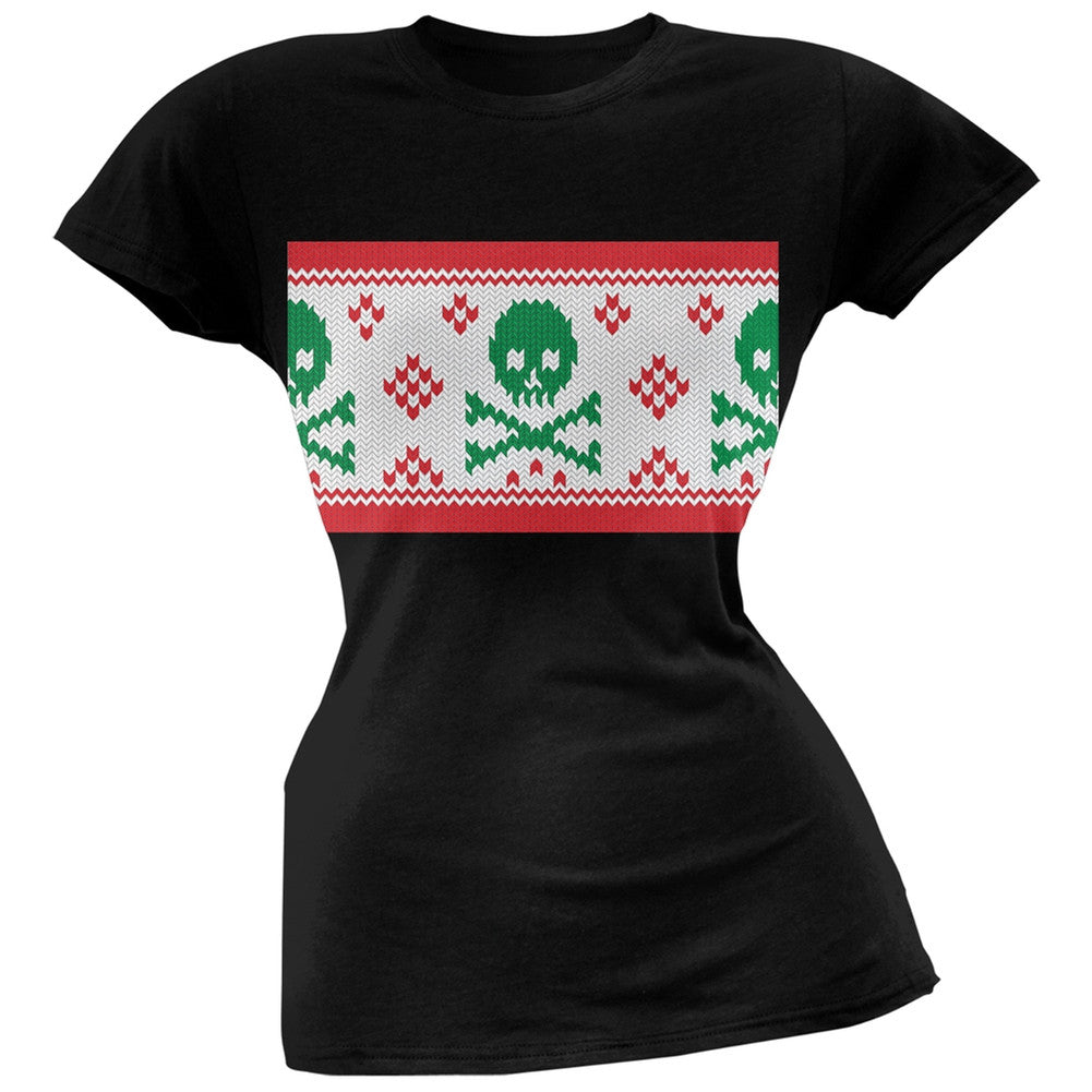 Knit Skull And Crossbones Ugly Christmas Sweater Black Soft Juniors T-Shirt Juniors T-Shirts Old Glory   