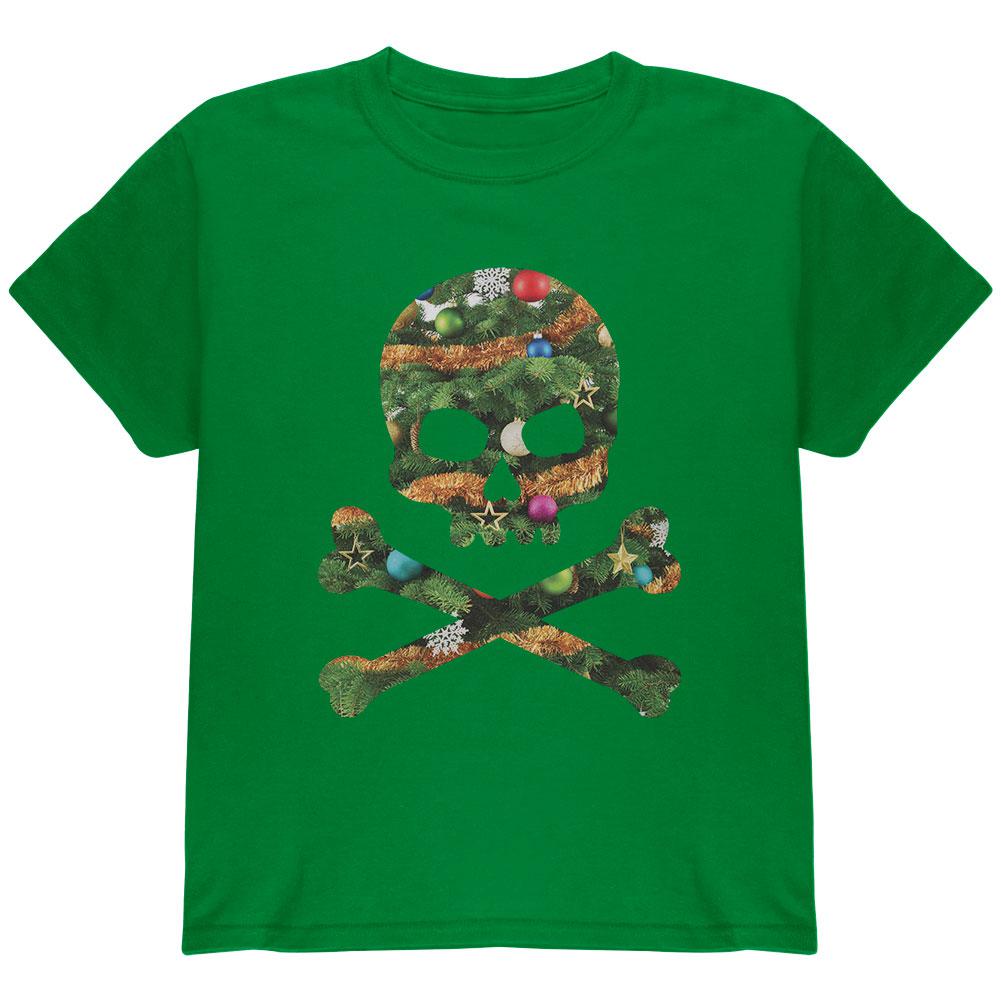 Skull And Crossbones Christmas Tree Cut Out Green Youth T-Shirt Youth T-Shirts Old Glory LG Green 