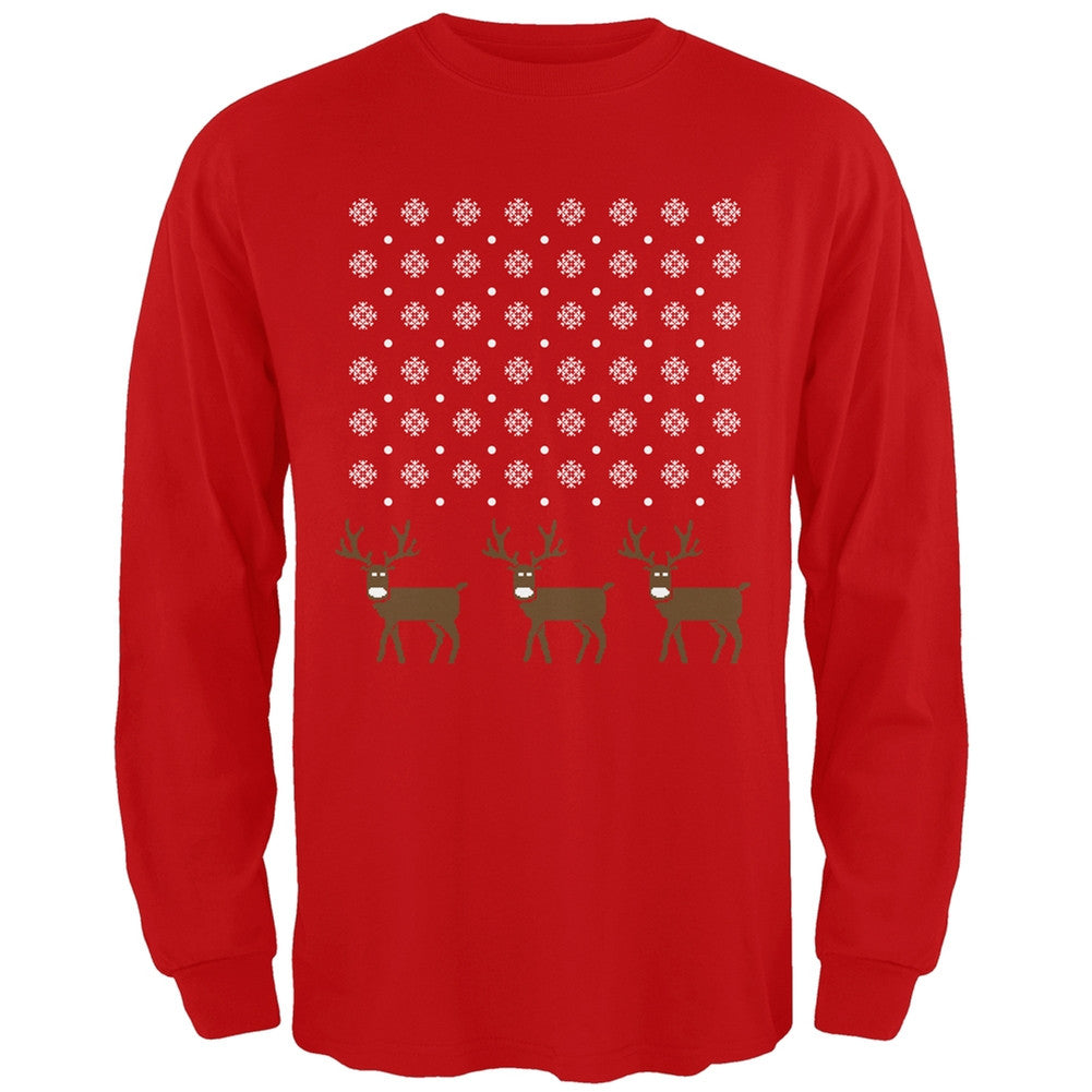 Snowflake and Reindeer Ugly Christmas Red Adult Long Sleeve T-Shirt Men's Long Sleeves Old Glory   