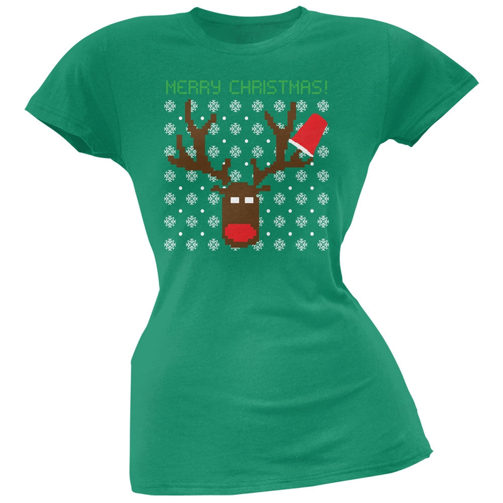 Party Deer Ugly Christmas Sweater Kelly Green Juniors T-Shirt Juniors T-Shirts Old Glory   