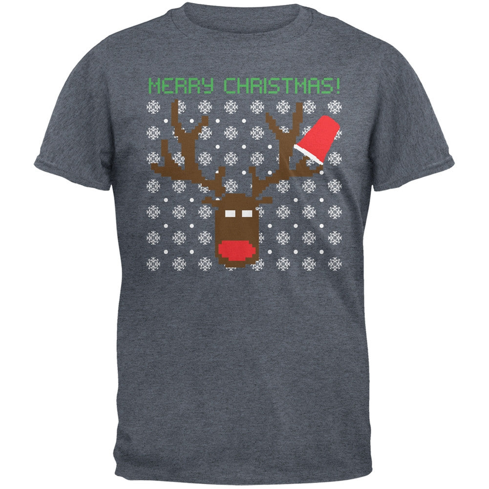 Party Deer Ugly Christmas Sweater Dark Heather Grey Adult T-Shirt Men's T-Shirts Old Glory   