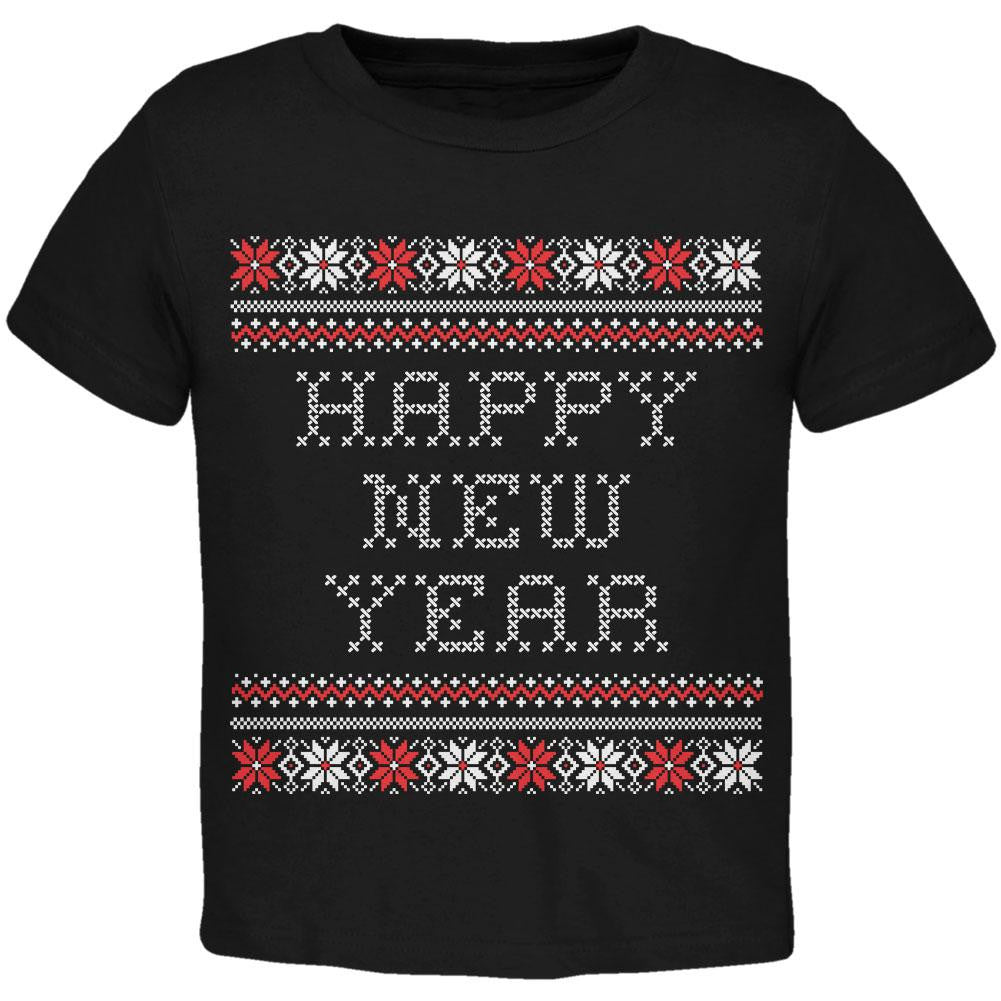 Happy New Year Ugly Christmas Sweater Black Toddler T-Shirt Toddler T-Shirts Old Glory   