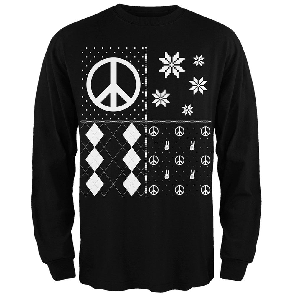 Peace Sign Festive Blocks Ugly Christmas Sweater Black Adult Long Sleeve T-Shirt Men's Long Sleeves Old Glory   