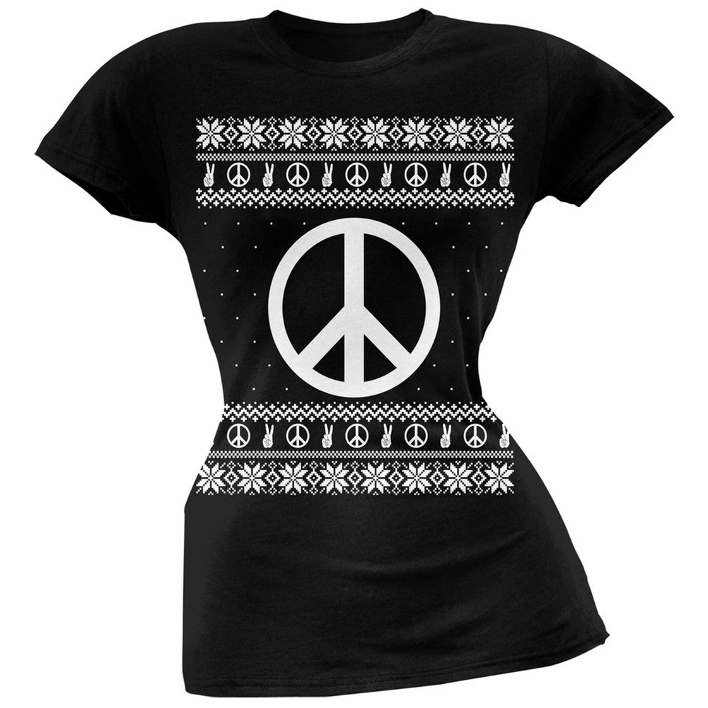 Peace Sign Ugly Christmas Sweater Black Soft Juniors T-Shirt Juniors T-Shirts Old Glory   