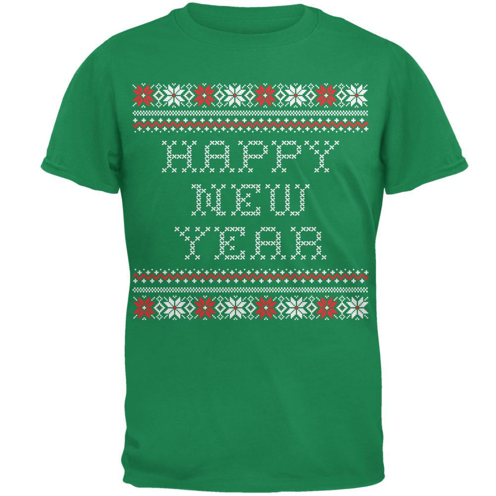 Happy New Year Ugly Christmas Sweater Black Adult T-Shirt Men's T-Shirts Old Glory   