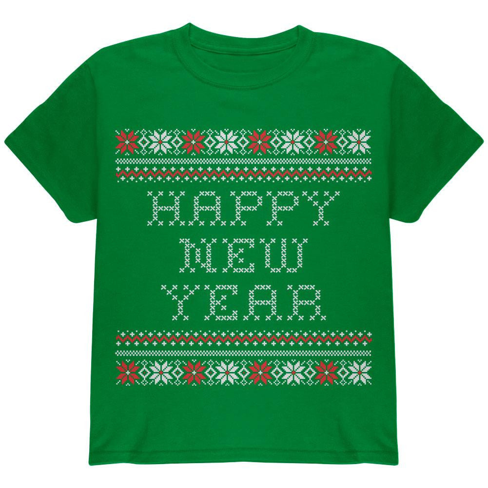 Happy New Year Ugly Christmas Sweater Dark Green Youth T-Shirt Youth T-Shirts Old Glory   