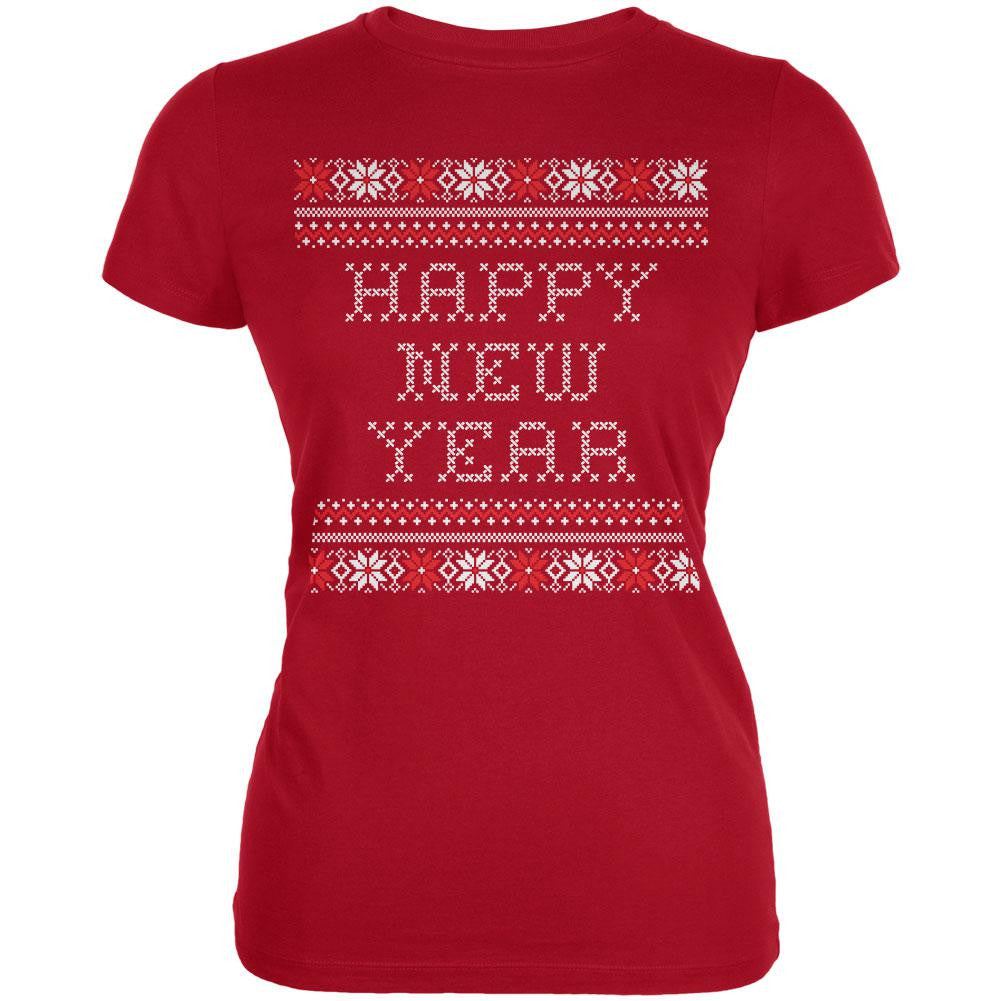 Happy New Year Ugly Christmas Sweater Black Juniors T-Shirt Juniors T-Shirts Old Glory   