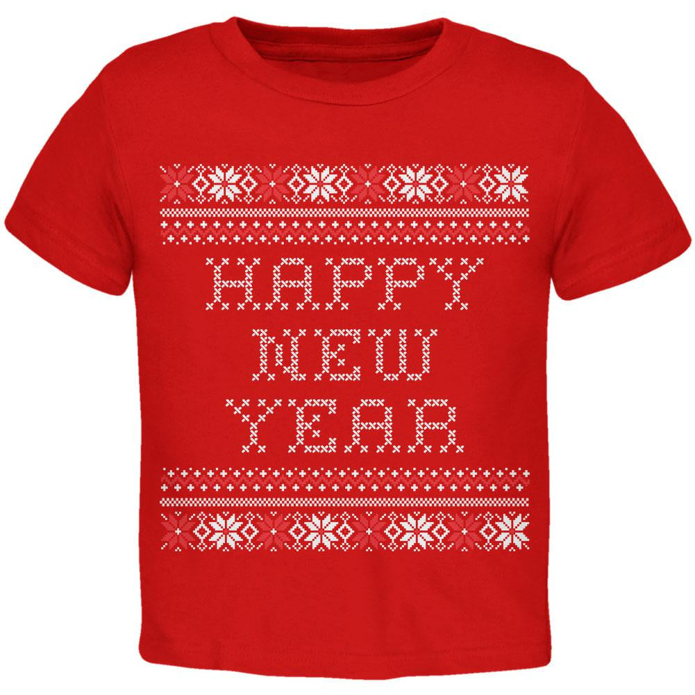 Happy New Year Ugly Christmas Sweater Black Toddler T-Shirt Toddler T-Shirts Old Glory   