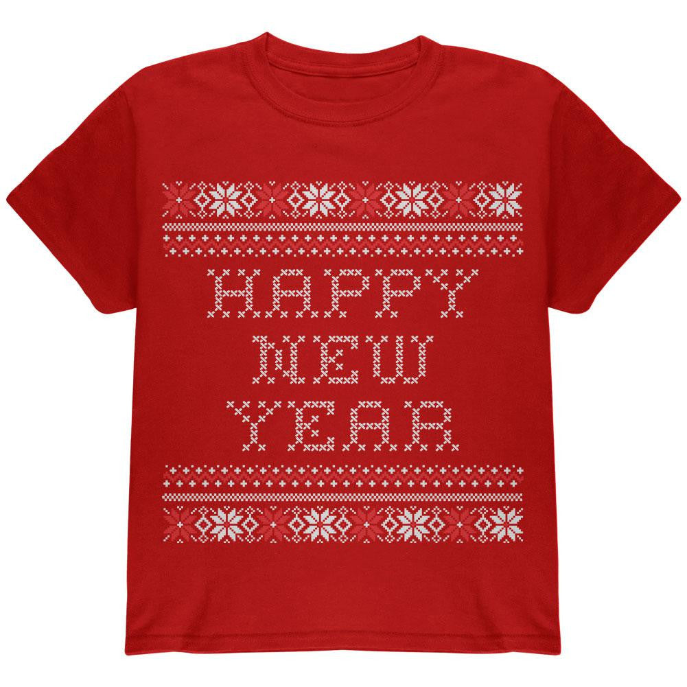 Happy New Year Ugly Christmas Sweater Black Youth T-Shirt Youth T-Shirts Old Glory   