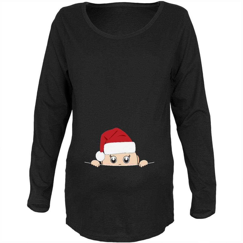 Peeking Christmas Santa Hat Baby Black Womens Soft Maternity Long Sleeve T-Shirt Maternity T-Shirts Old Glory   