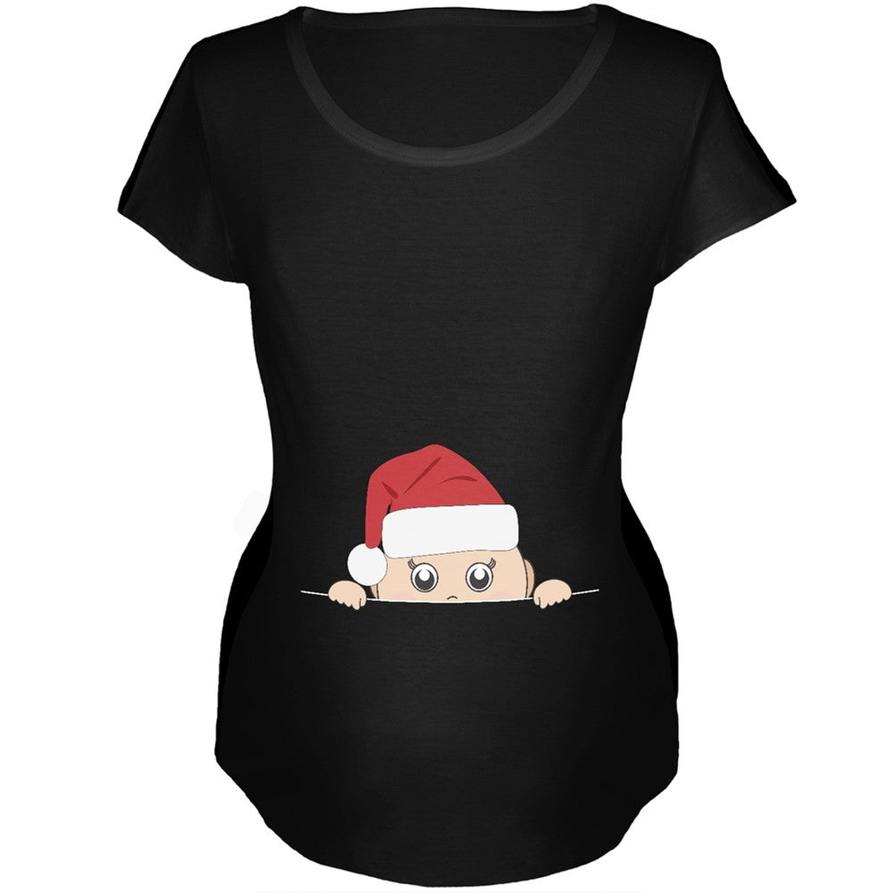 Peeking Christmas Santa Hat Baby Black Womens Soft Maternity Long Sleeve T-Shirt Maternity T-Shirts Old Glory   