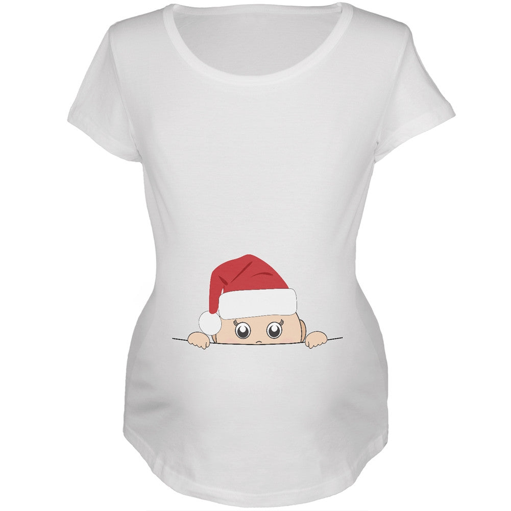 Peeking Christmas Santa Hat Baby Black Womens Soft Maternity Long Sleeve T-Shirt Maternity T-Shirts Old Glory   