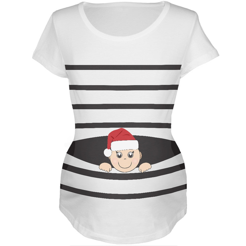 Striped Peeking Christmas Santa Hat Baby White Womens Soft Maternity T-Shirt Maternity T-Shirts Old Glory   