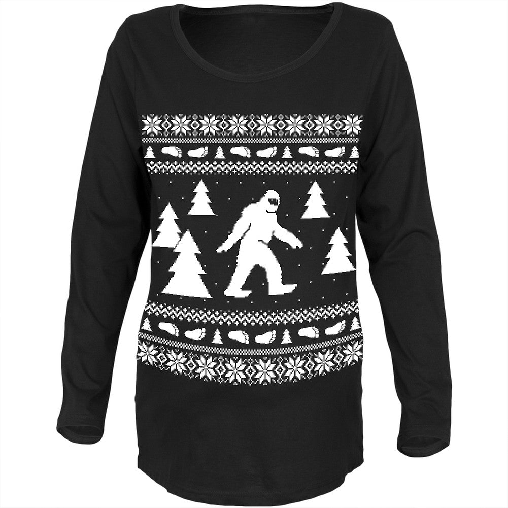 Sasquatch Ugly Christmas Sweater Black Maternity Soft T-Shirt Maternity T-Shirts Old Glory   