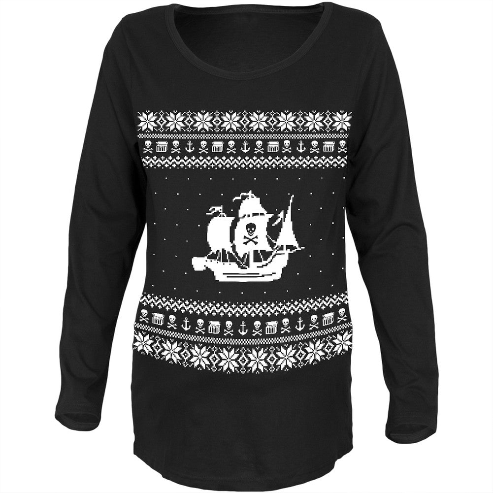 Pirate Ship Ugly Christmas Sweater Black Womens Soft Maternity Long Sleeve T-Shirt Maternity T-Shirts Old Glory   