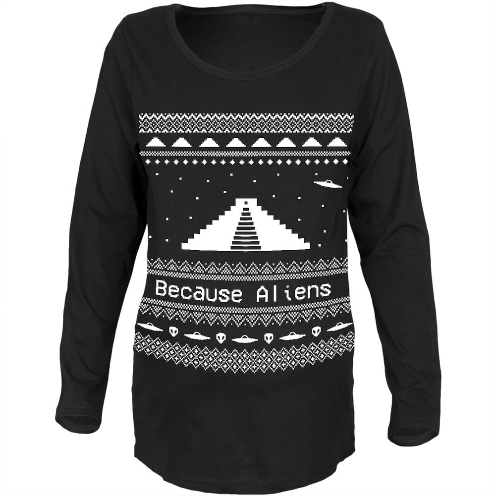 Pyramid Aliens Ugly Christmas Sweater Black Womens Soft Maternity Long Sleeve T-Shirt Maternity T-Shirts Old Glory   