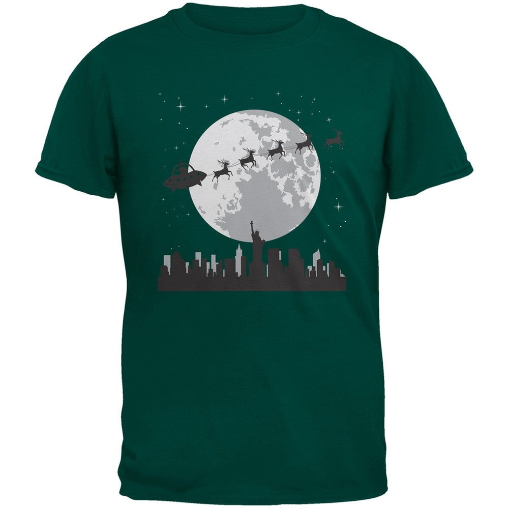 Alien Santa Sleigh Dark Green Adult T-Shirt Men's T-Shirts Old Glory 2XL Dark Green 