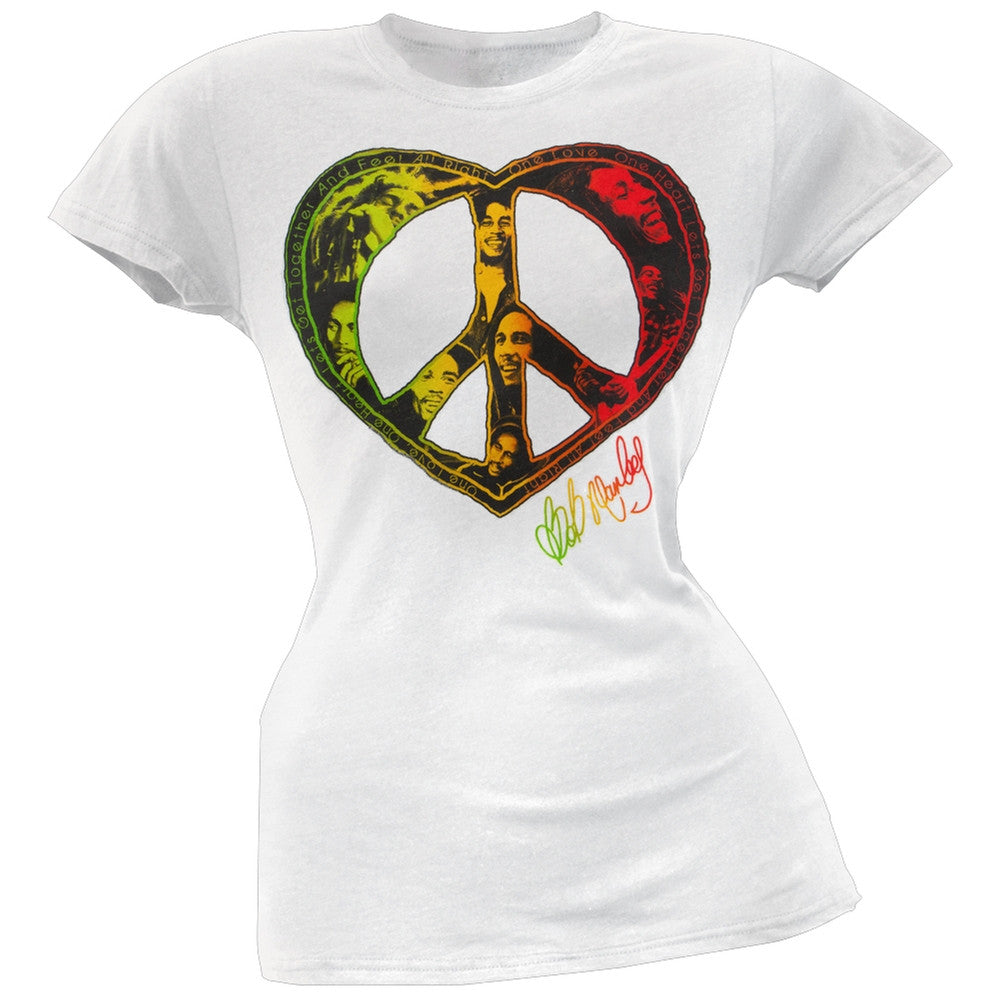 Bob Marley - One Love Peace Heart Soft Juniors T-Shirt Juniors T-Shirts Bob Marley SM White 