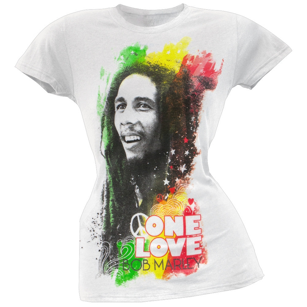 Bob Marley - One Love Rasta Portrait Juniors White T-Shirt Juniors T-Shirts Bob Marley SM White 