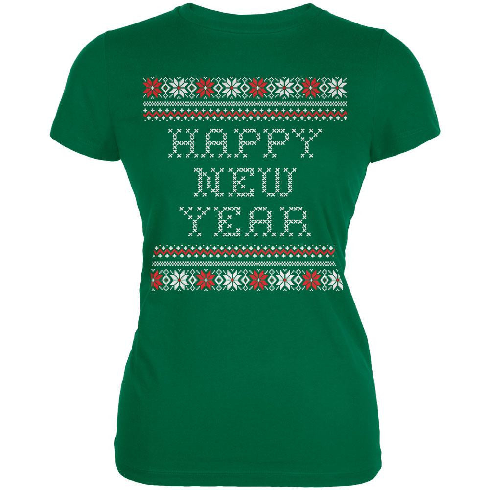 Happy New Year Ugly Christmas Sweater Juniors Green T-Shirt Juniors T-Shirts Old Glory   