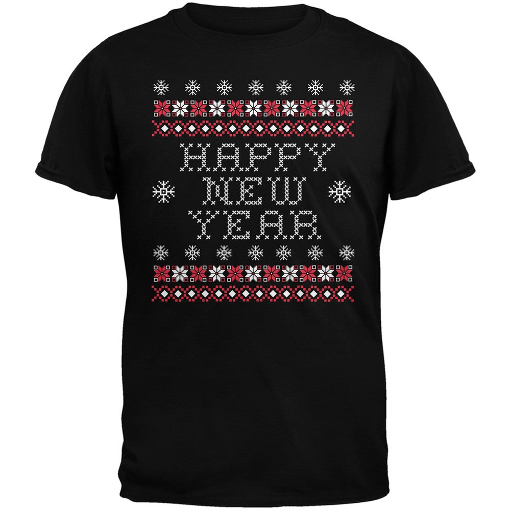 Happy New Year Ugly Christmas Sweater Black Adult T-Shirt Men's T-Shirts Old Glory   