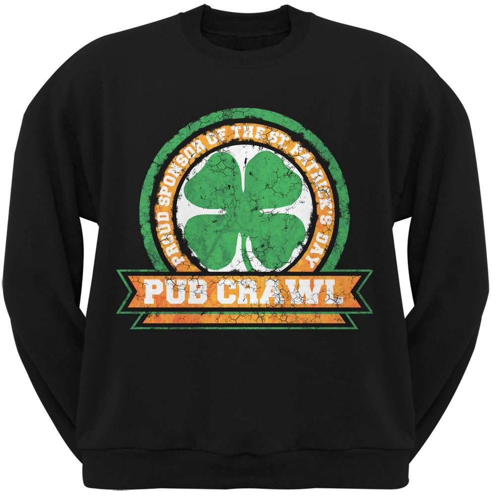 St. Patricks Day - Pub Crawl Distressed Adult Black Crew Neck Sweatshirt Men's Sweatshirts Old Glory   