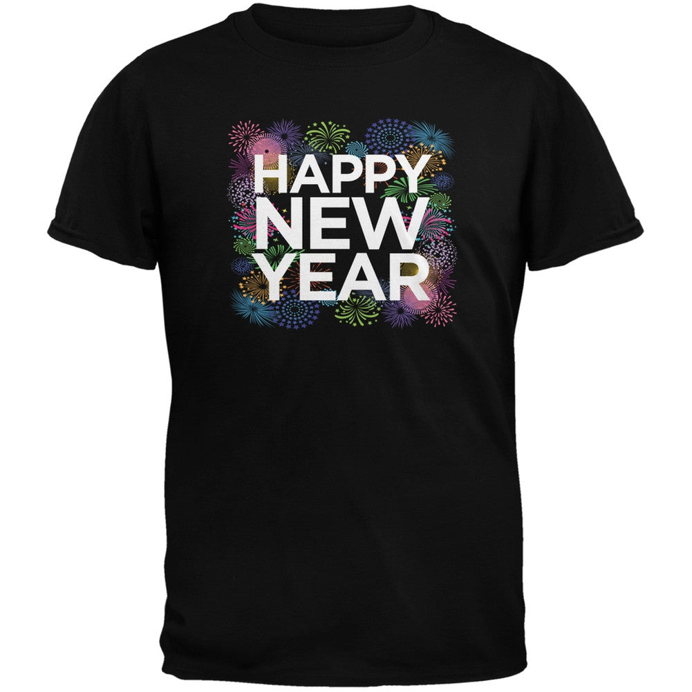 Happy New Year Fireworks Black Adult T-Shirt Men's T-Shirts Old Glory   