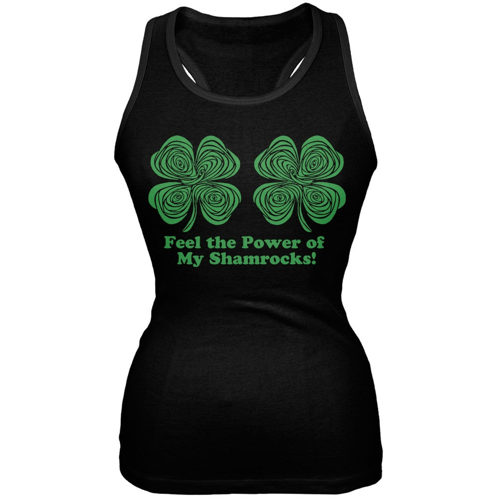 St. Patricks Day - Hypnotic Shamrocks Feel the Power Black Juniors Tank Top Juniors Tank Tops Old Glory 2XL Black 