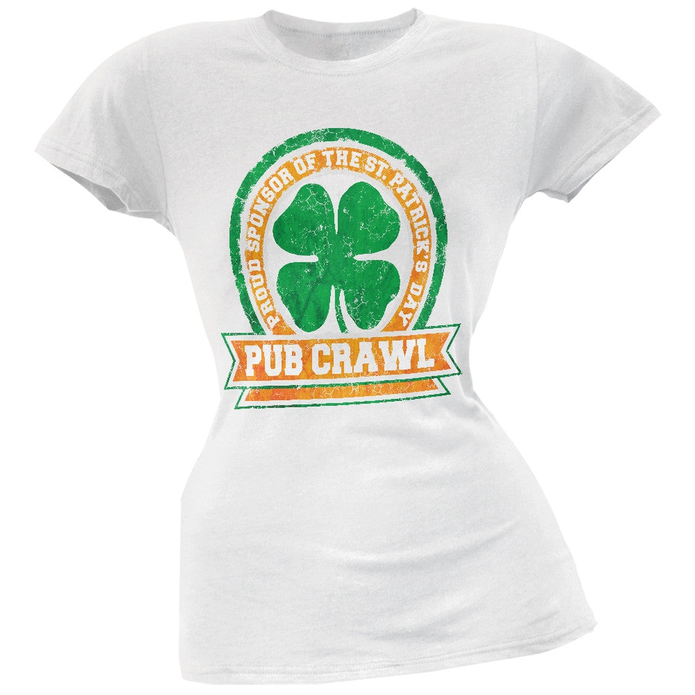 St. Patricks Day - Pub Crawl Distressed White Soft Juniors T-Shirt Women's T-Shirts Old Glory   