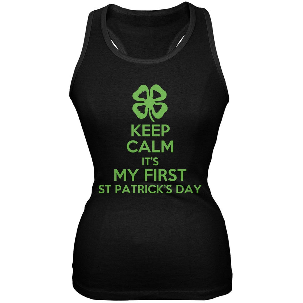 St. Patricks Day - First St Patricks Day Clover Black Juniors Soft Tank Top Juniors Tank Tops Old Glory 2XL Black 