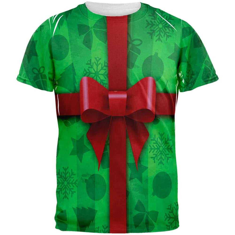 Green Christmas Present Costume All Over Adult T-Shirt Men's T-Shirts Old Glory 2XL Multi 