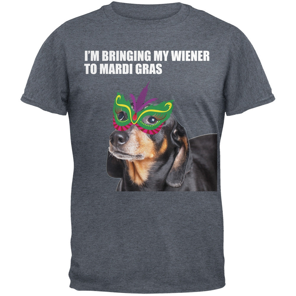 Mardi Gras -I'm Bringing My Wiener To Mardi Gras Dark Heather Grey Adult T-Shirt Men's T-Shirts Old Glory 2XL Grey 