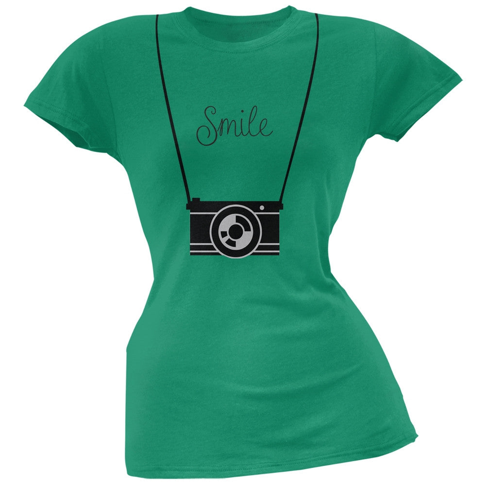 Smile Hanging Camera Green Soft Juniors T-Shirt Juniors T-Shirts Old Glory   