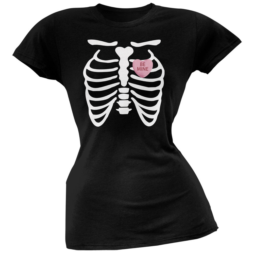 Skeleton Be Mine Candy Heart Black Soft Juniors T-Shirt Juniors T-Shirts Old Glory 2XL Black 