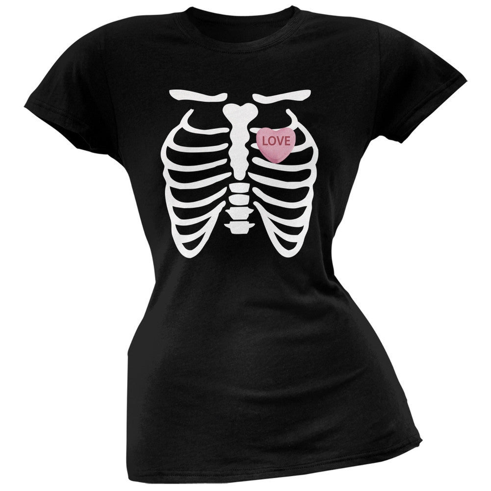 Skeleton Love Candy Heart Black Soft Juniors T-Shirt Juniors T-Shirts Old Glory 2XL Black 