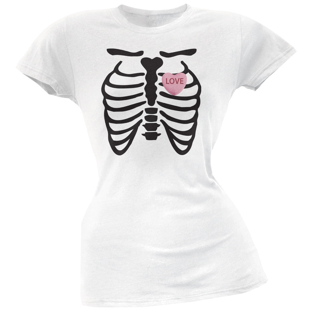 Skeleton Love Candy Heart White Soft Juniors T-Shirt Juniors T-Shirts Old Glory 2XL White 